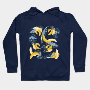 Surrealistic tropical Dachshund bananas // print // pastel blue background navy blue dogs and banana fruit leaves Hoodie